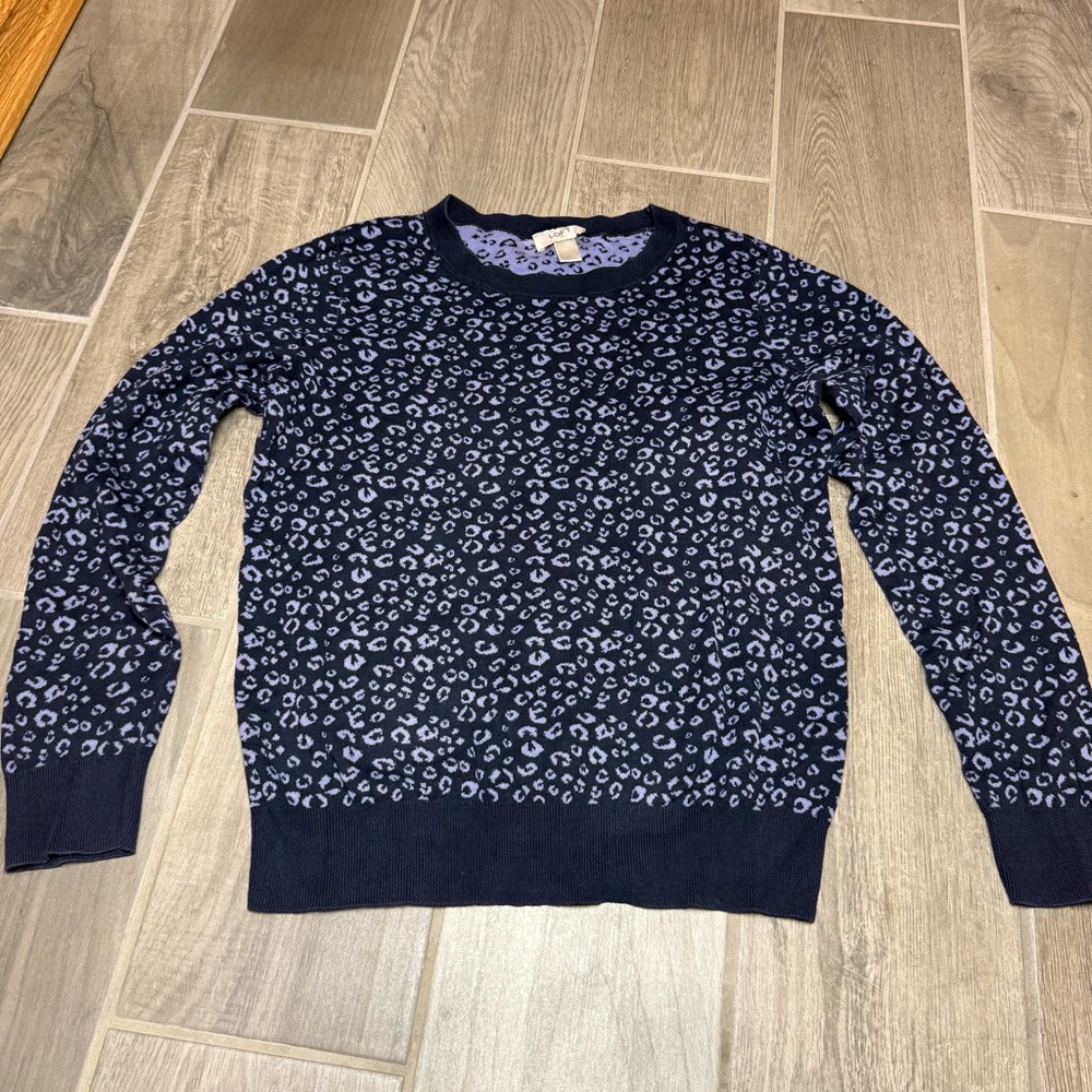 LOFT Women’s Medium Leopard Print Knit Sweater Navy Blue Purple Long Sleeve